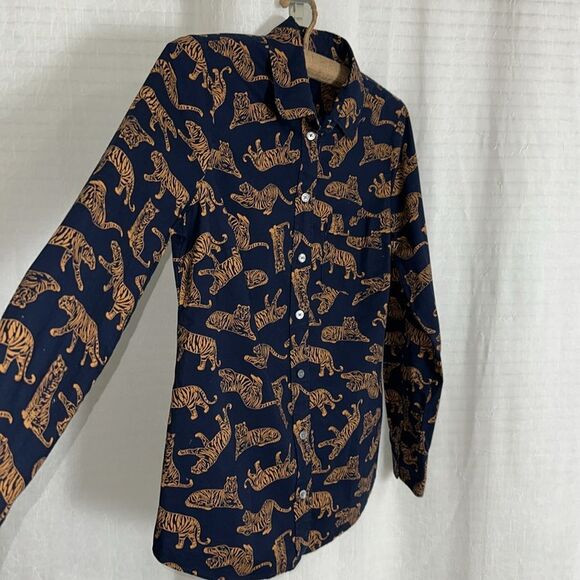 J. Crew S Navy Caramel Brown Tiger Print Signature Fit Stretch Cotton Shirt - Picture 6 of 13